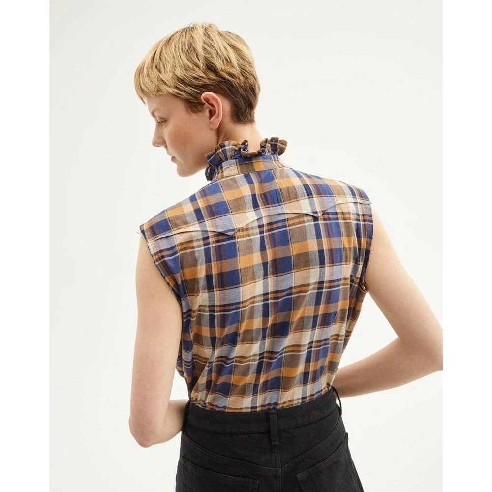 NILI LOTAN Feora Blue/Tan Plaid RuffleNeck Top NWT - Picture 3 of 10